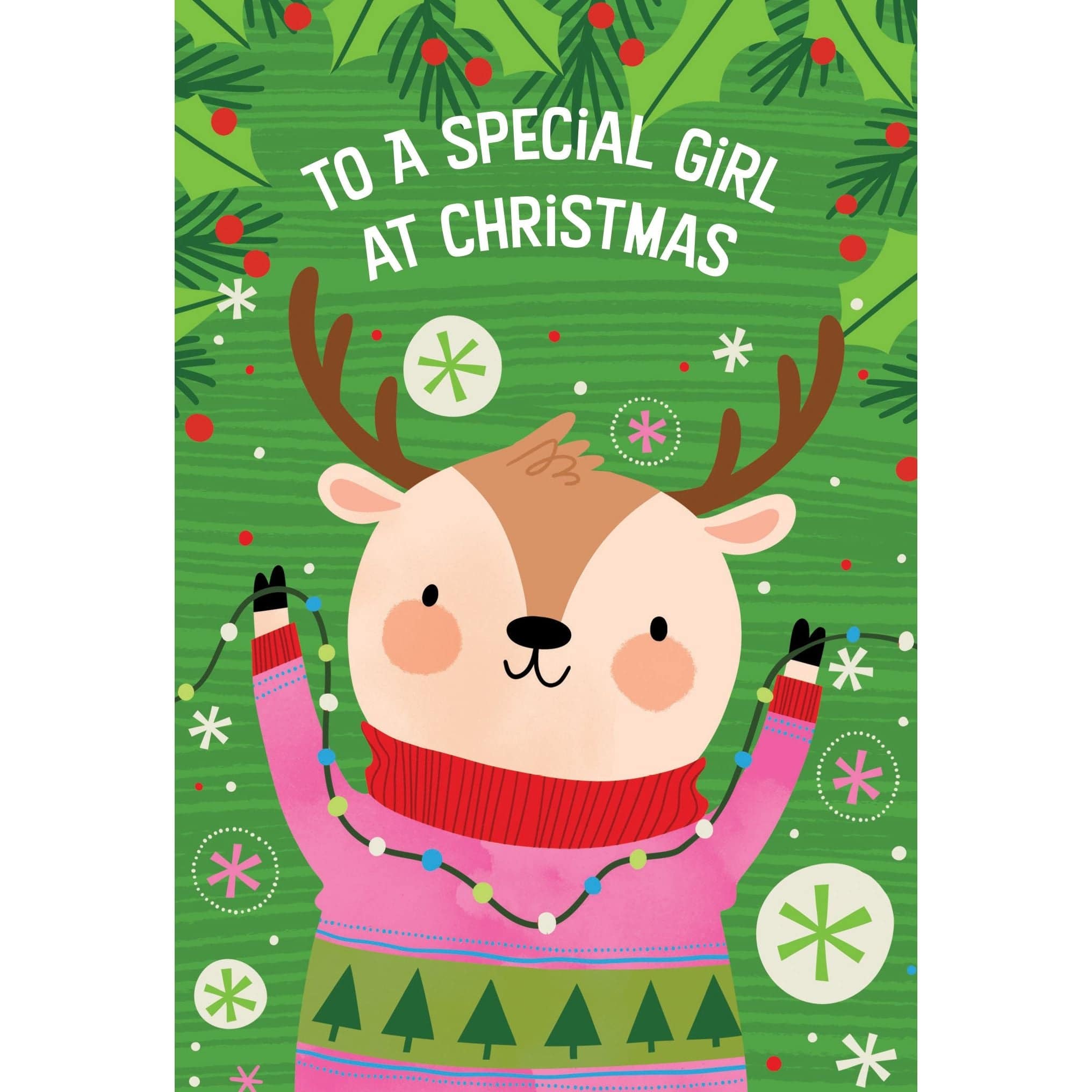 Pictura Tiny Reindeer Christmas Card featuring a festive girl illustration for seasonal holiday greetings.